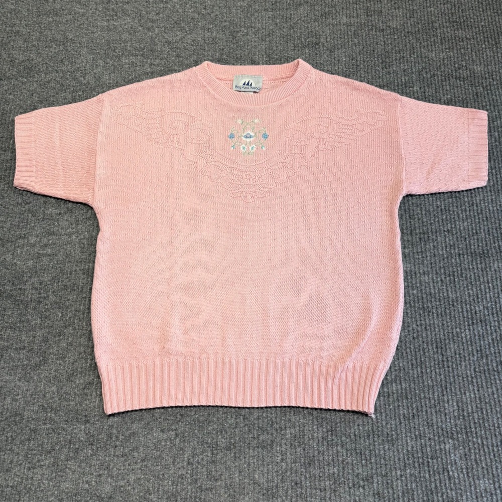 VTG Bay Point Pink Floral Embroidered Sweater Womens M Short Sleeve Cottagecore